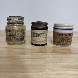 Vintage Bottles Apothecary Druggist Medicine Musterole Resinol‎ Vaseline Lot 3